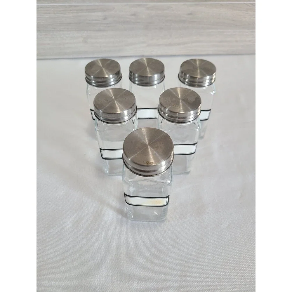 6 Set Glass Spice Jars Square Stainless Steel Lids Labels Kitchen Seasoning Herb